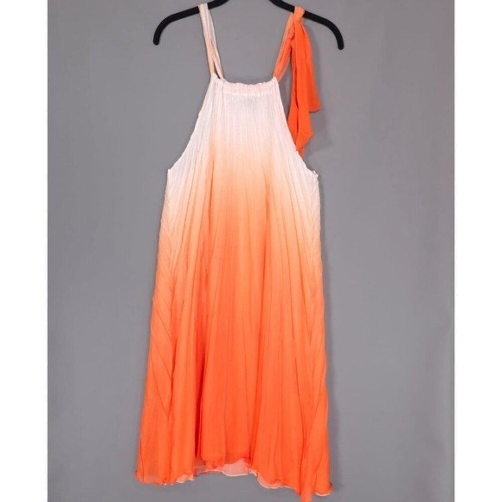 Komarov Women's Dress MEDIUM Ombre Print Orange White Chiffon Pleated USA MADE